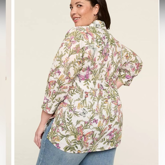 Lane Bryant Belted Button Front Butterfly Floral Tunic Top Size 28‎ Classic NEW - Picture 2 of 10